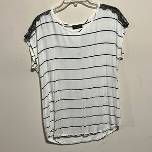 Papermoon White Black Striped Short Sleeve Tee with Lace Shoulders